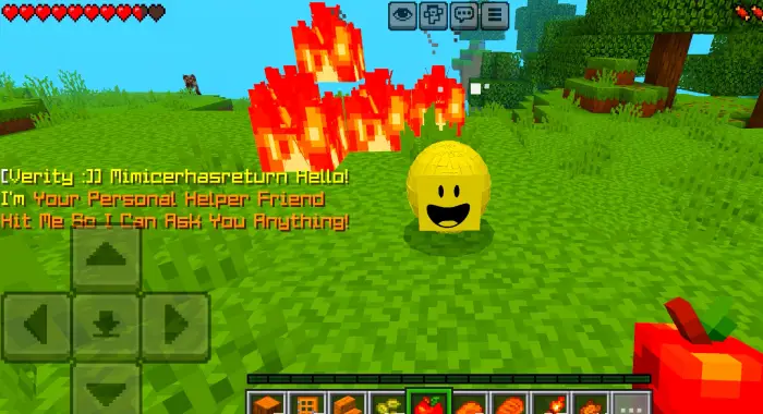 Yellow AI companion with happy face in grass.