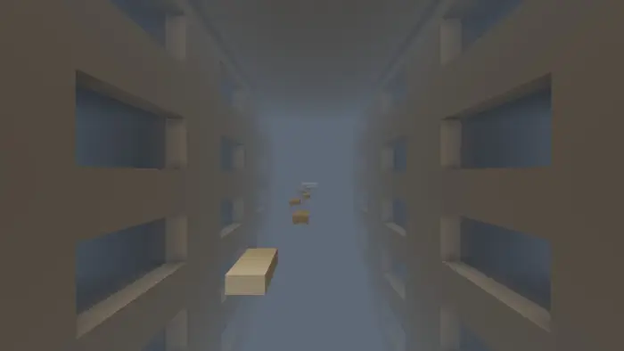 Floating blocks in a narrow, misty corridor