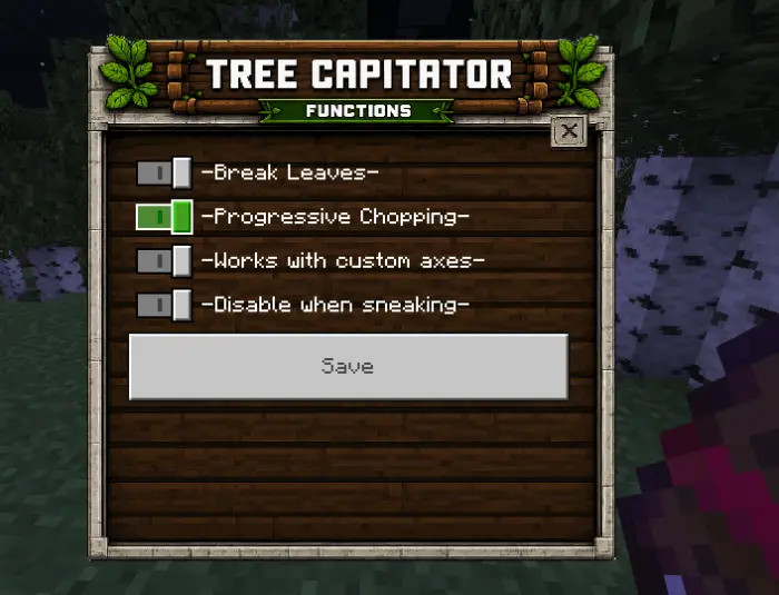 Addon settings menu for fast tree chopping.
