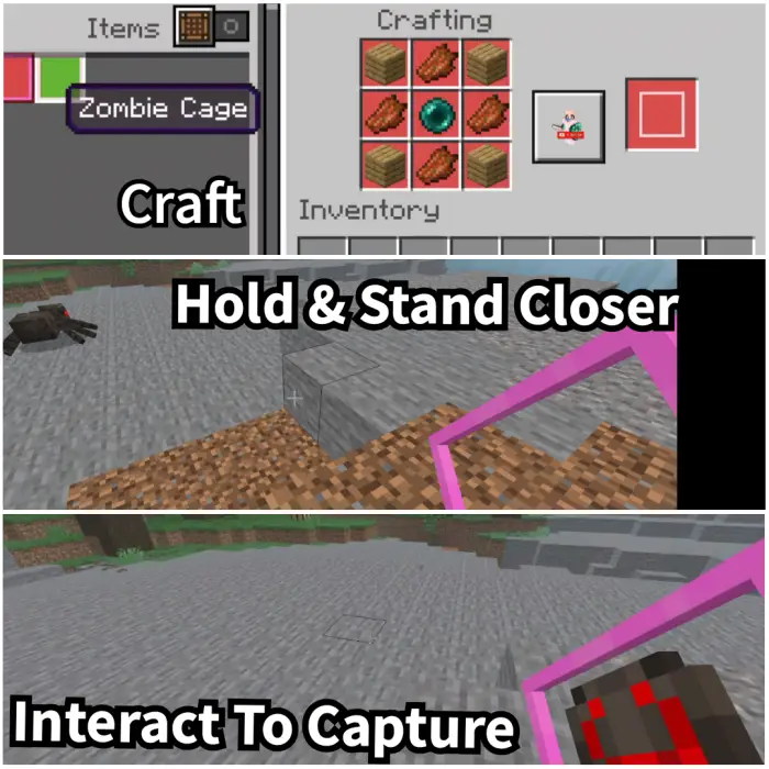 1. Crafting a zombie cage in inventory 2. Holding cage near a spider 3. Using cage to capture a mob