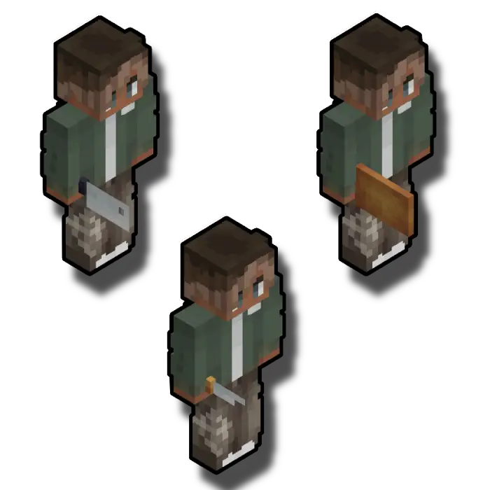 Three blocky characters holding melee weapons