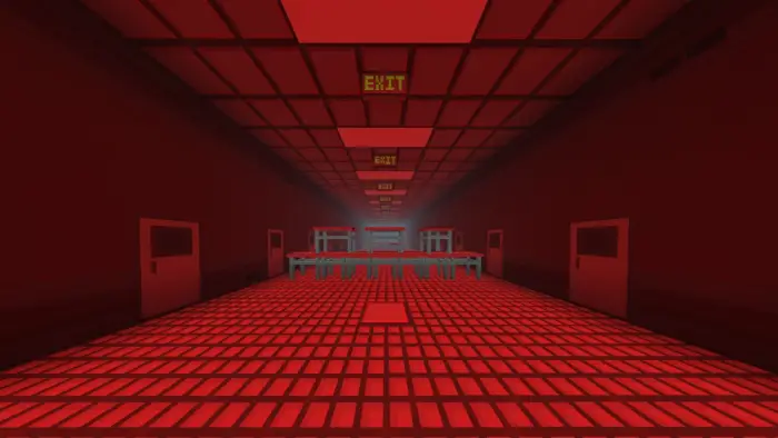 Red-lit hallway with platforms and EXIT signs