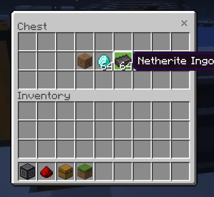 Chest GUI with dirt, diamonds, and ingots.