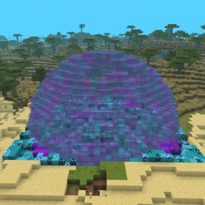 Glowing blue and purple dome in a savanna.