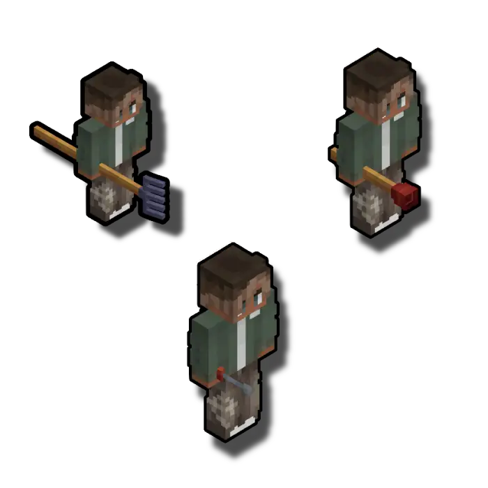 Character holding rake, plunger, and pipe.
