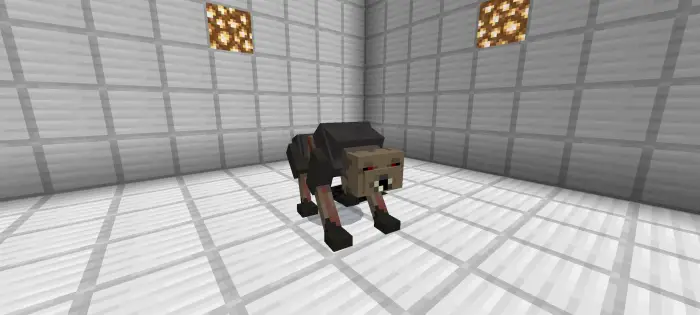 Blocky parasite creature in a white room