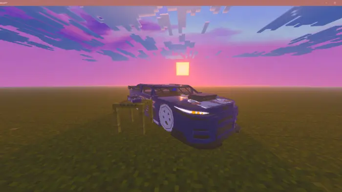Blocky Nascar car at sunset with particles