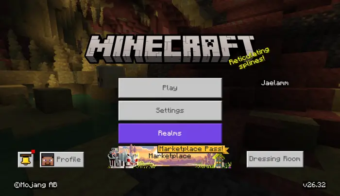 Game main menu with play, settings, realms.