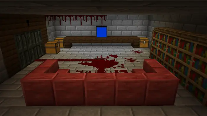 Blood-stained room with sofa and bookshelves
