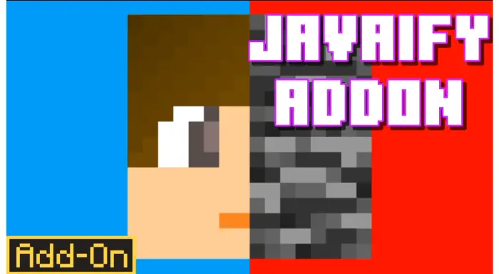 Pixel art face split, JAVAIFY ADDON text.