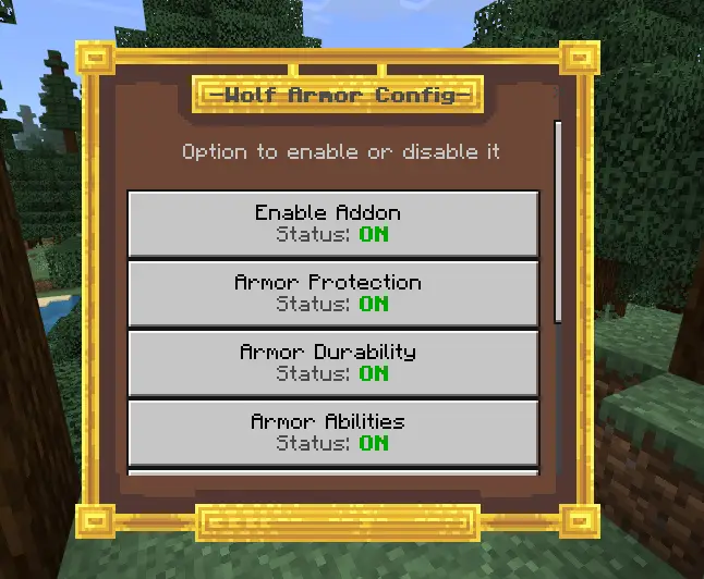 Wolf armor config menu with all options ON