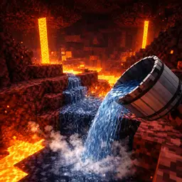 Water bucket pouring in fiery cave environment