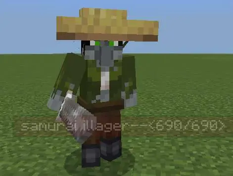 Villager with straw hat and sword standing.