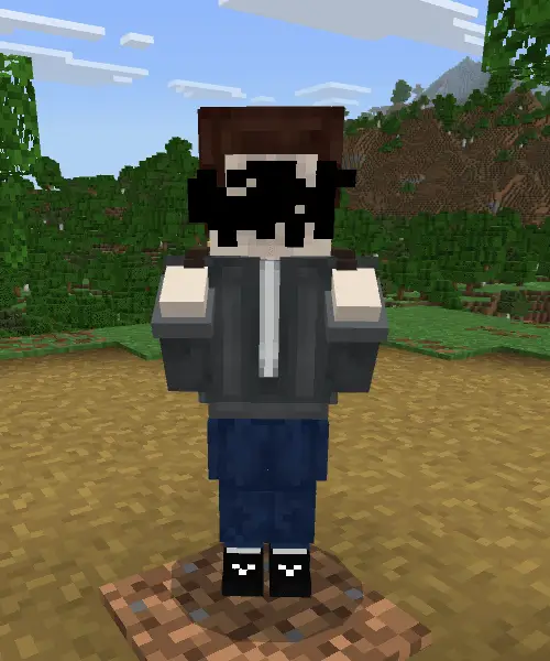 Blocky companion character with dark glasses.