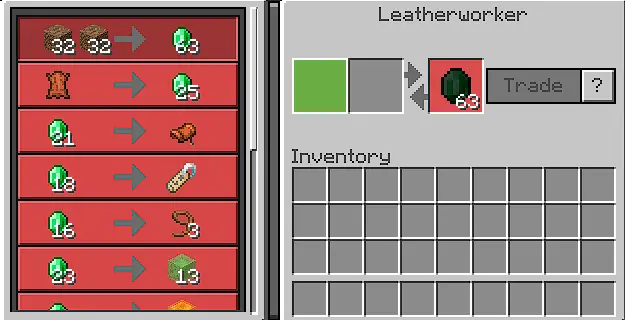 Villager trade menu showing OP item trades