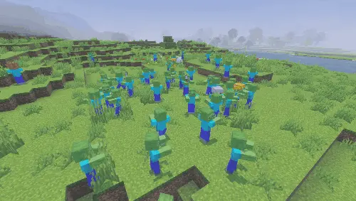 Blocky zombies swarm grassy landscape