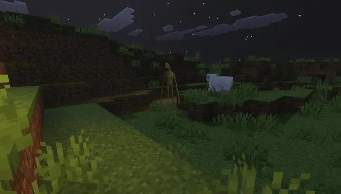 Tall mysterious mob and sheep at night.