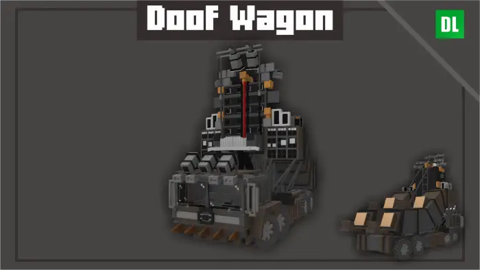 Blocky rusted wasteland Doof Wagon vehicle
