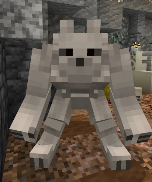 Blocky stone companion creature standing indoors