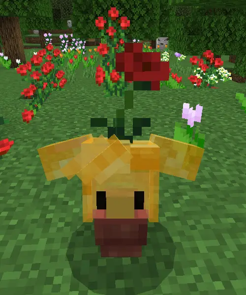 Blocky yellow creature with a red flower on head