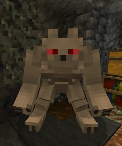 Blocky stone companion with red eyes standing.