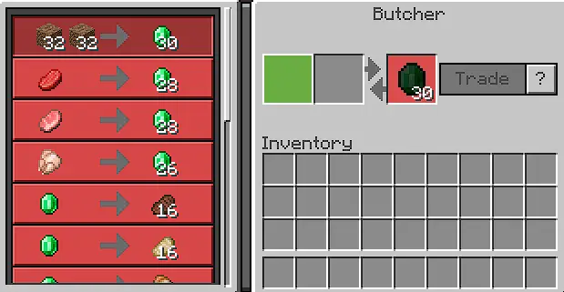 Villager trading menu with OP item offers