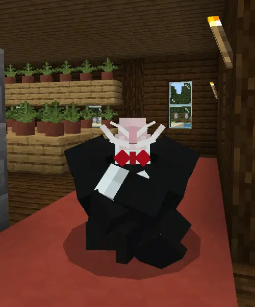 Blocky companion in a suit inside a house