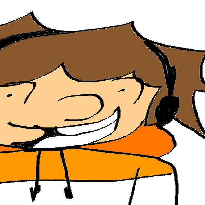 Cartoon character smiling in orange hoodie