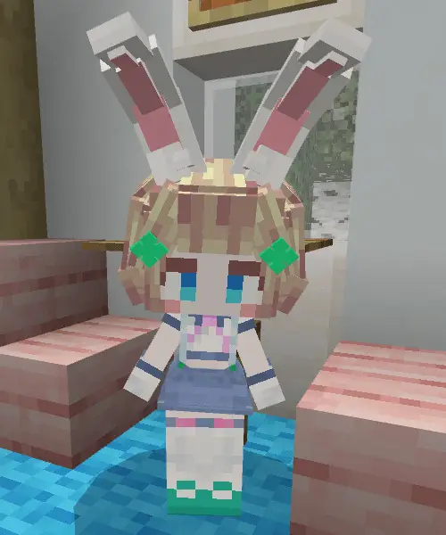 Blocky companion with bunny ears indoors