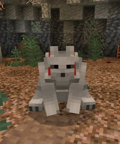 Blocky white wolf companion sitting on ground