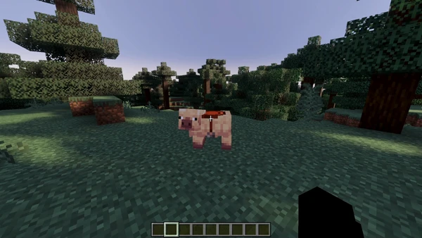 Pig with saddle standing in a forest