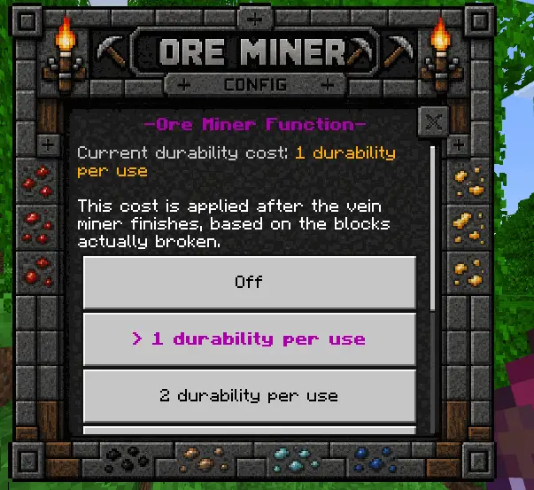 Ore Miner config menu with durability options