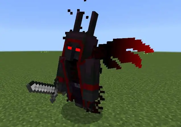 Dark armored boss mob with glowing red eyes