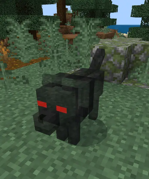 Blocky black cat companion with red eyes