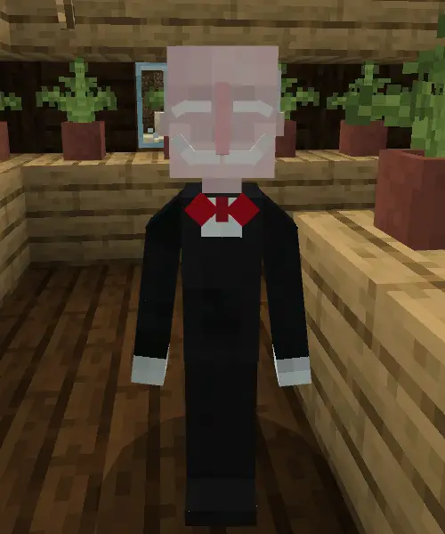 Blocky companion in a suit with red bowtie