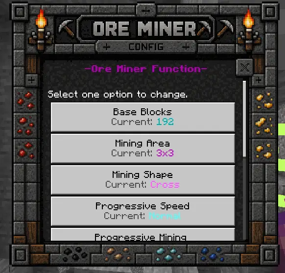 Ore miner settings menu with options displayed.