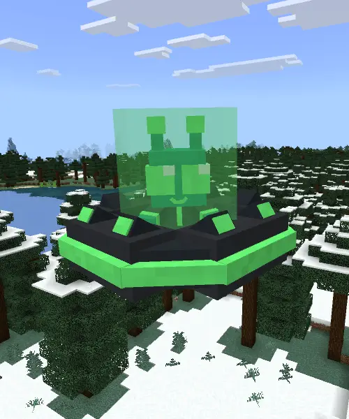 Green alien companion in flying saucer