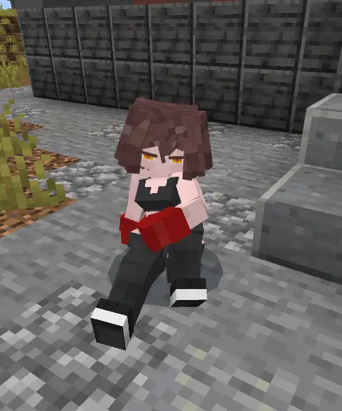 Pixel companion with red gloves sitting outside