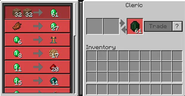 Villager trading menu with OP item offers