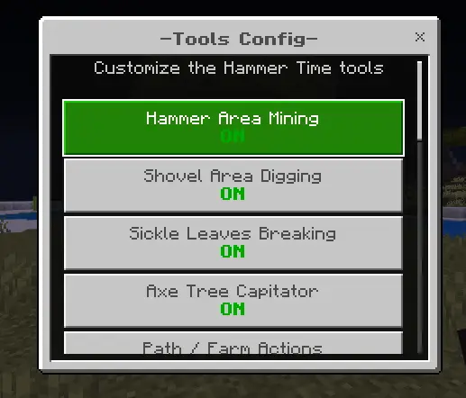 ALT Tools config menu with area actions on