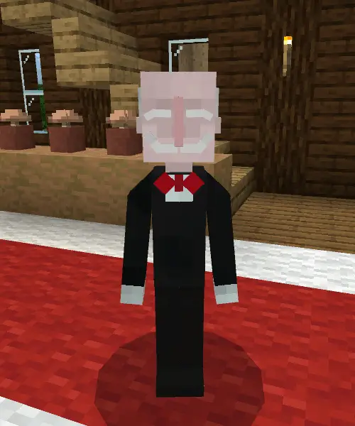 Blocky companion in a suit with red bowtie