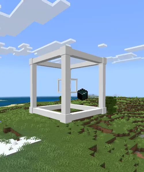 Floating white cube frame with a dark orb inside