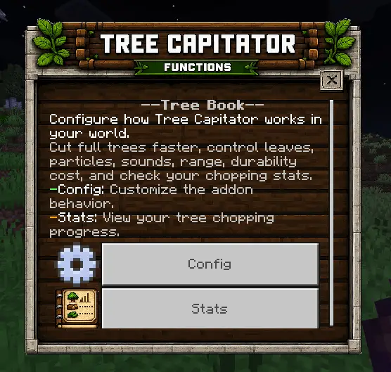 Addon settings menu for fast tree chopping.