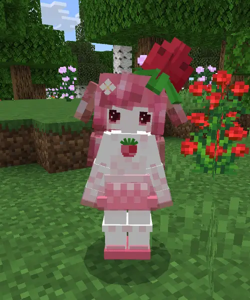 Pink companion character with strawberry theme