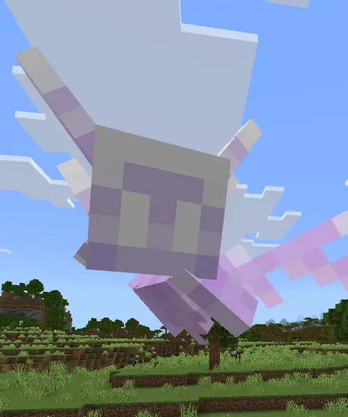 Blocky purple flying companion in open field