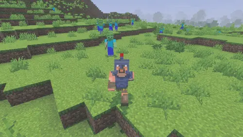 Player fleeing from zombies on grassy hills