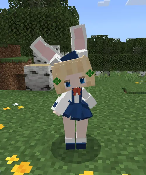 Blocky bunny-eared companion character standing