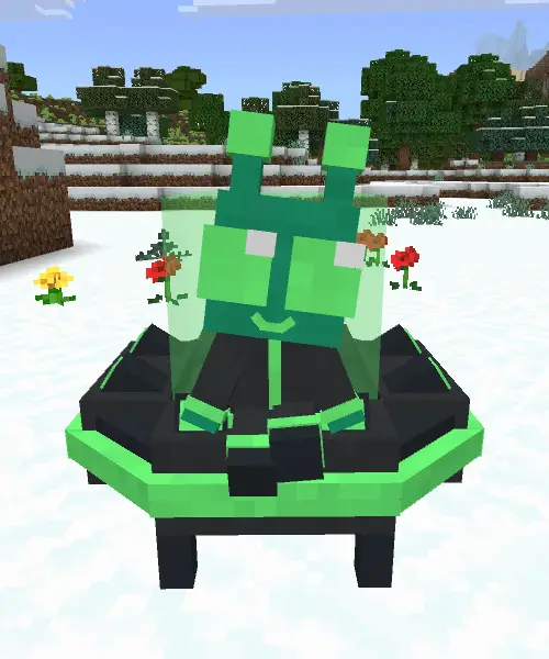 Green robot companion sits in snowy field