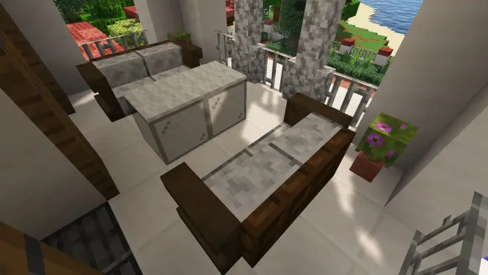 Outdoor patio with sofas and garden view