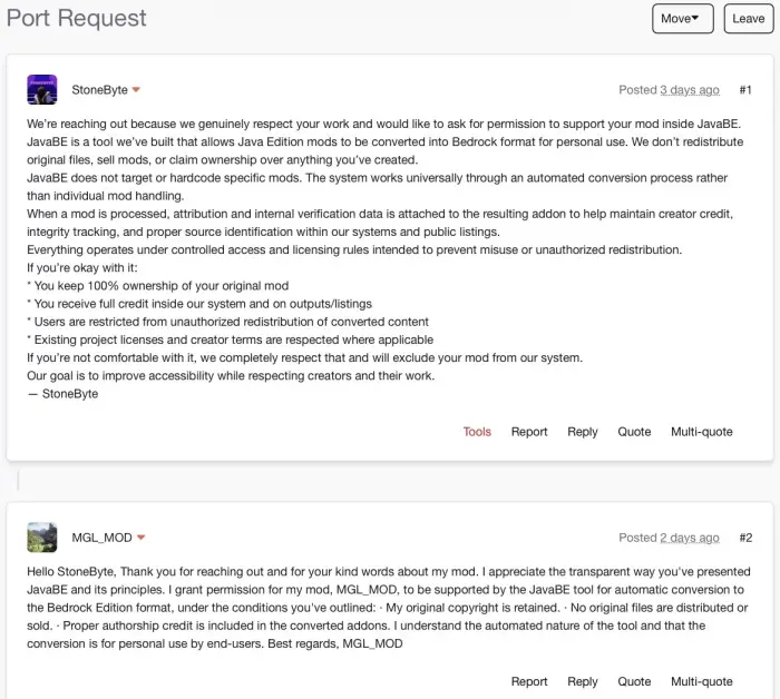 ALT text Forum post discussing mod port permissions